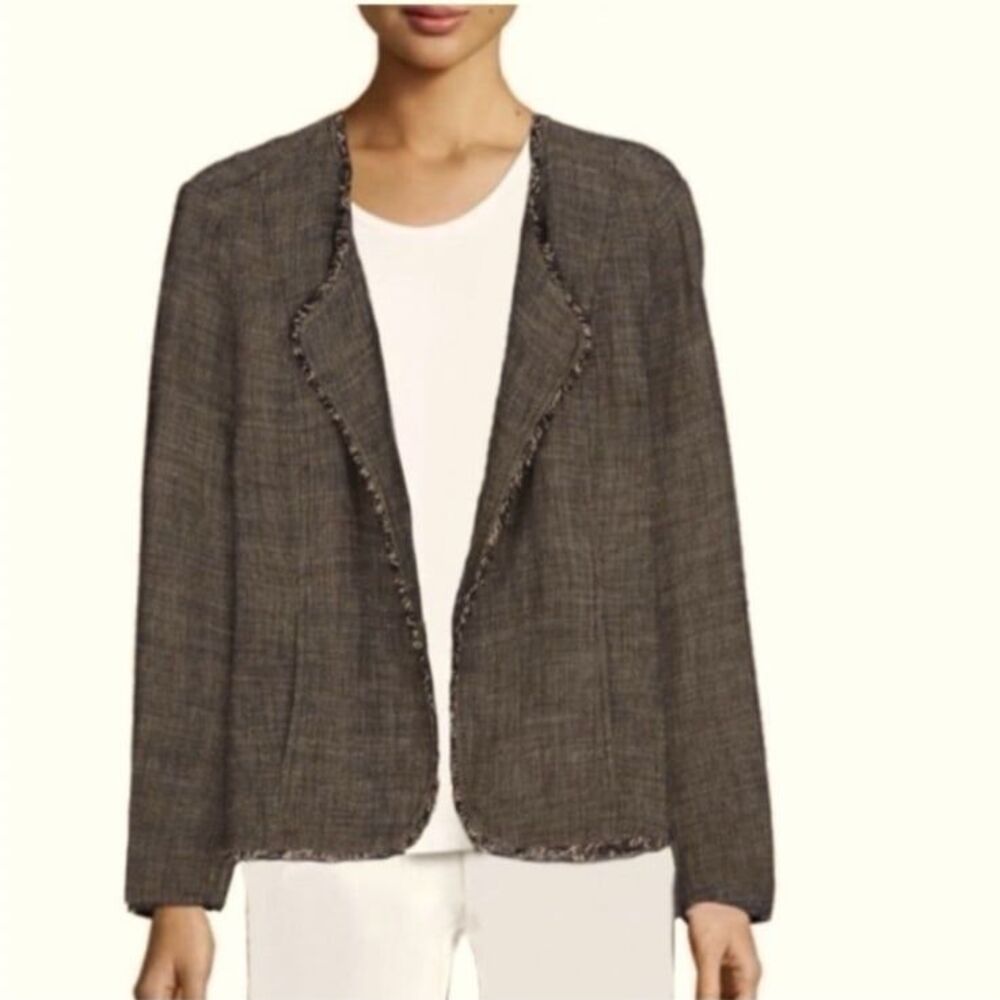 Eileen Fisher Raw Fringe Hem Open Front Italian Linen Jacket M EUC